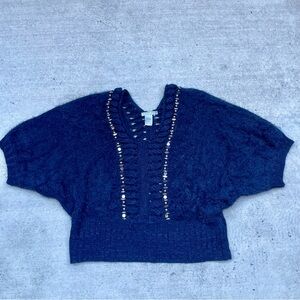 Alberto Makali Navy V-Neck Sweater with Embellishments